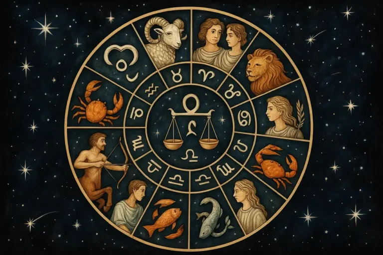A visually striking circular arrangement of zodiac signs against a starry background, highlighting each sign.