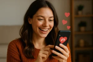 Kobieta używająca aplikacji randkowej, z uśmiechem, symbolizująca poszukiwanie miłości.