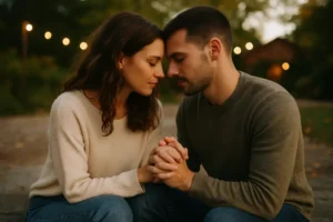 Szczęśliwa para w romantycznym otoczeniu trzymająca się za ręce, symbolizująca bliskość.