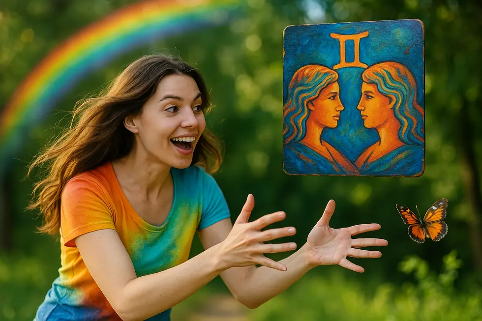 Kolorowy obrazek przedstawiający esencję Bliźniaków: zmienność, komunikację i ekspresję.