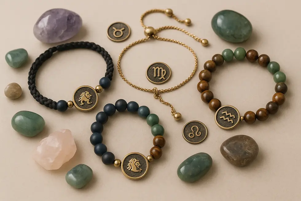 Diverse zodiac sign bracelets elegantly presented with natural stones and zodiac decorations.