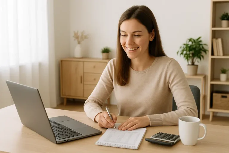 Kobieta uśmiechnięta, pracująca przy laptopie w biurze domowym, zarządzająca budżetem.
