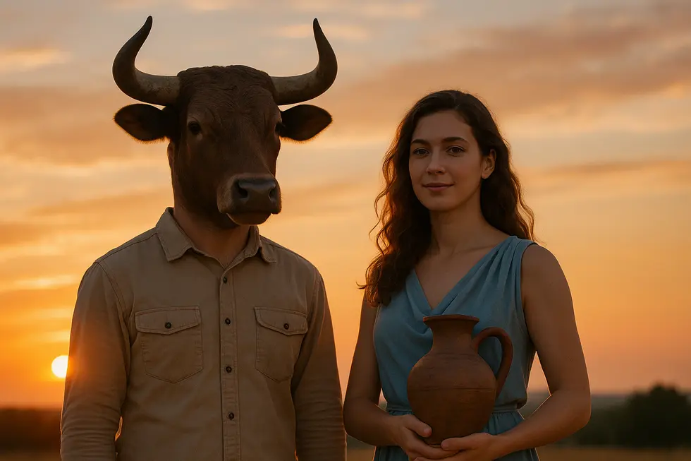 Taurus and Aquarius figures beside each other, illuminated by a sunset, signifying friendship and balance.