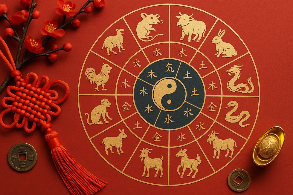 A detailed representation of the Chinese zodiac symbols and elements illustrated in a harmonious composition.