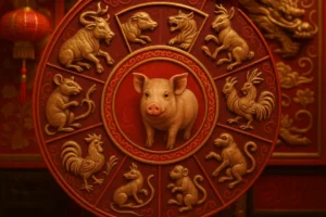 A colorful depiction of Chinese Zodiac symbols highlighting the Pig.