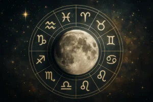 A cosmic representation intertwining the Moon, stars, and zodiac symbols, illustrating emotional and spiritual connections.