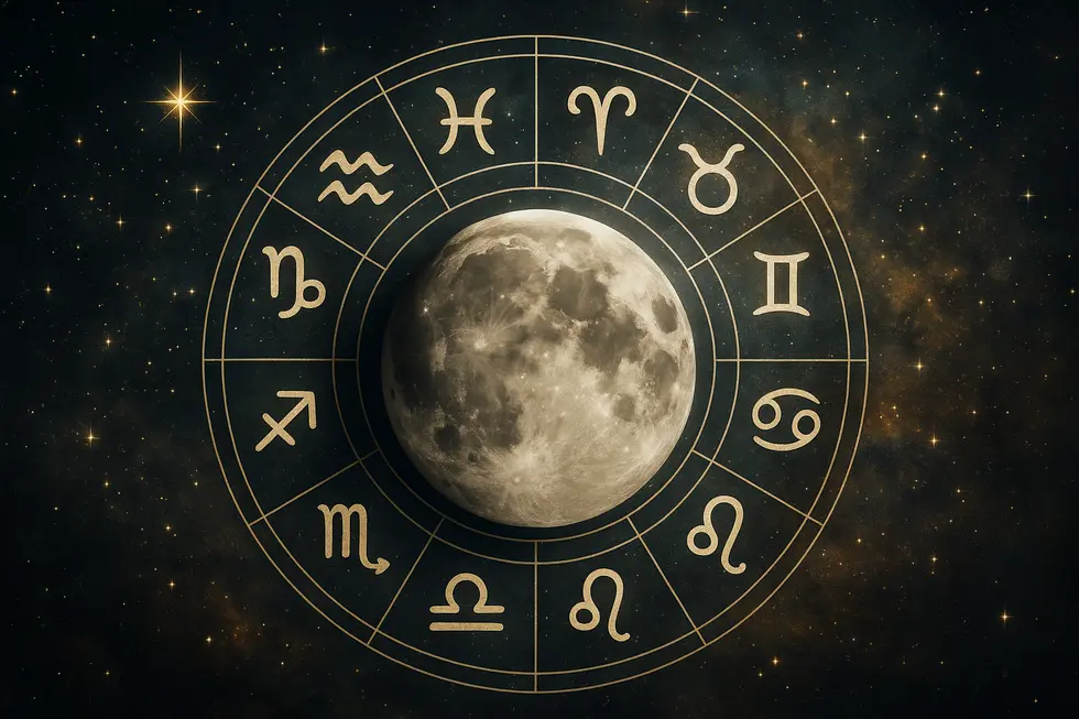 A cosmic representation intertwining the Moon, stars, and zodiac symbols, illustrating emotional and spiritual connections.
