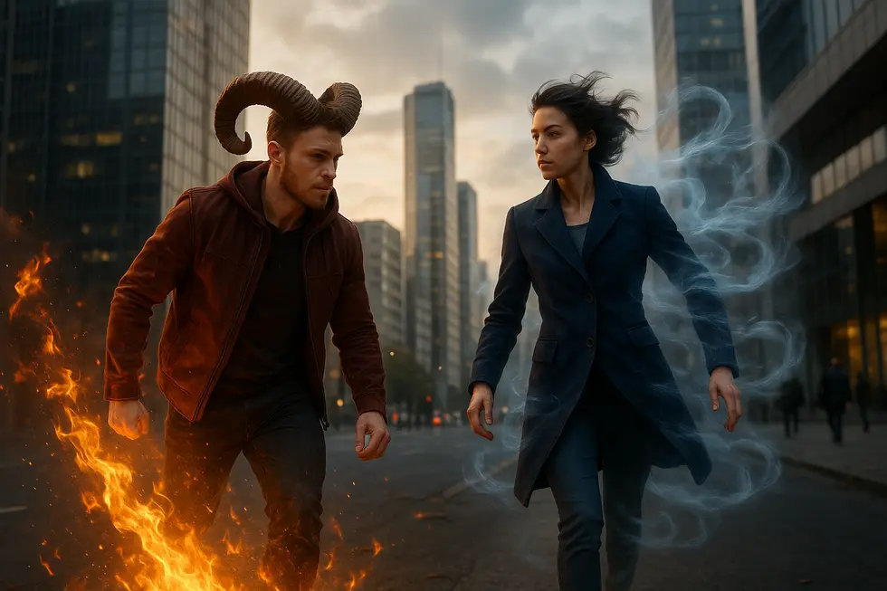 Symboliczne postacie Barana i Wodnika w miejskim krajobrazie, pokazujące ich współpracę i wpływ na świat.