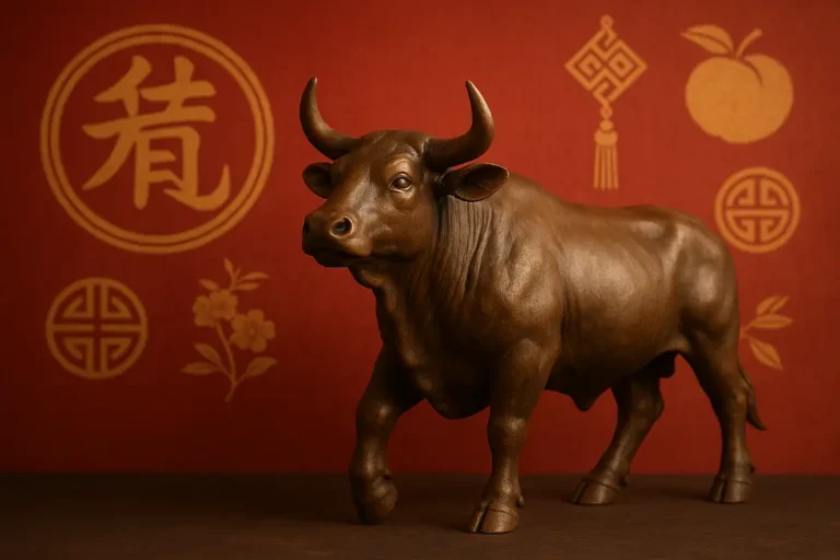 A striking cover image representing the Ox, symbolizing patience and hard work, surrounded by traditional symbols of prosperity.