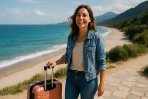 Kobieta ciesząca się wakacjami, stojąca z walizką w ręku, przed pięknym krajobrazem.