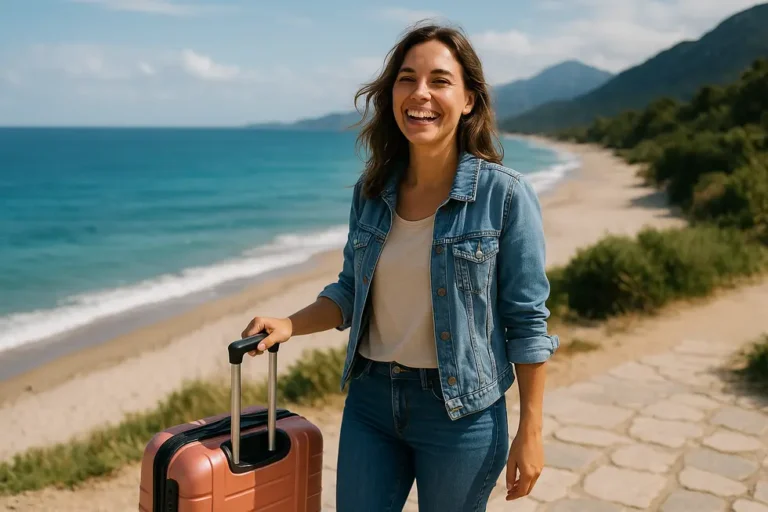 Kobieta ciesząca się wakacjami, stojąca z walizką w ręku, przed pięknym krajobrazem.