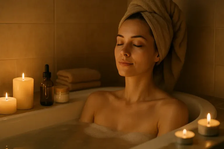 Kobieta w domowym spa, w otoczeniu świec i olejków, doświadcza chwili relaksu.