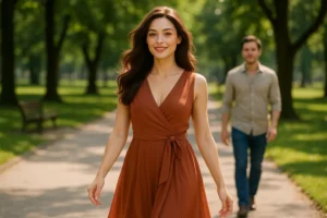 Kobieta spacerująca w parku, emanowała pewnością siebie i przyciągająca uwagę.