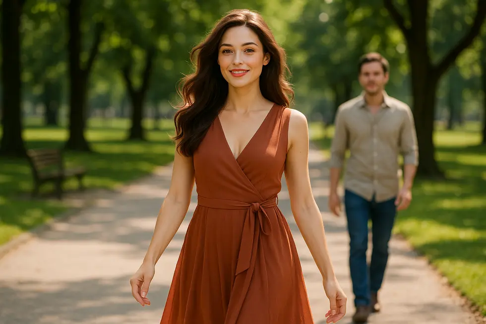 Kobieta spacerująca w parku, emanowała pewnością siebie i przyciągająca uwagę.