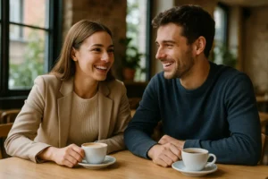 Zadowolona para w kawiarni planuje wspólną przyszłość.