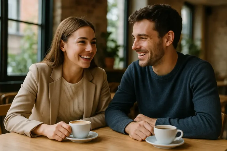 Zadowolona para w kawiarni planuje wspólną przyszłość.