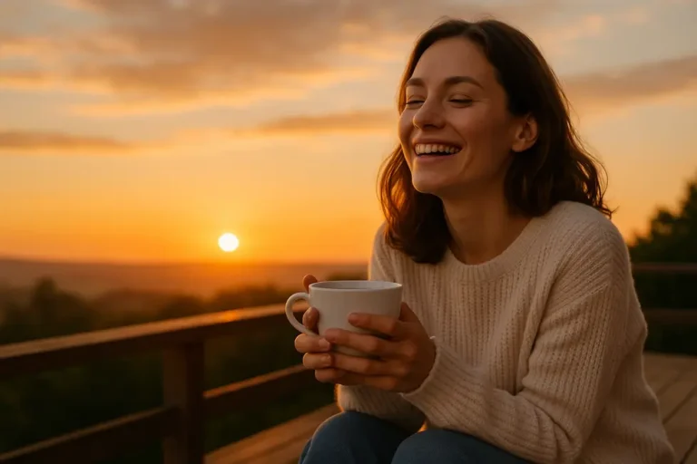 Kobieta relaksująca się na tarasie z uśmiechem, patrząc na zachód słońca.
