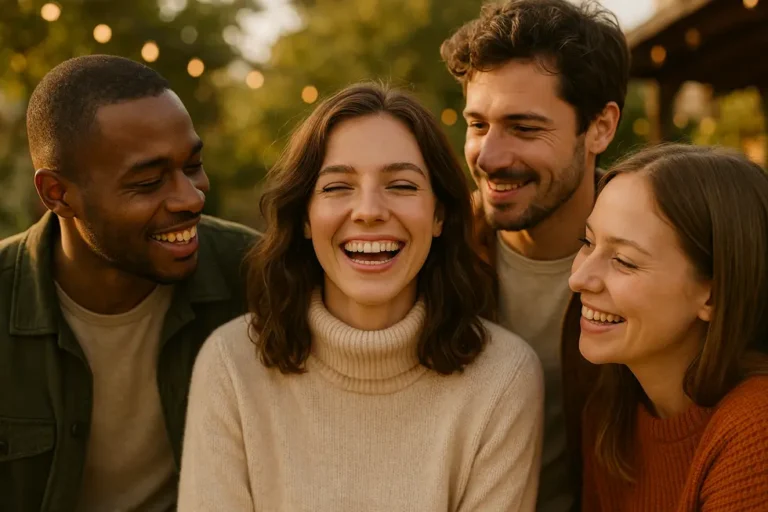 Kobieta szczęśliwa, otoczona przyjaciółkami, obrazująca radość z bycia sobą.