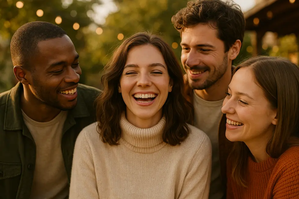 Kobieta szczęśliwa, otoczona przyjaciółkami, obrazująca radość z bycia sobą.