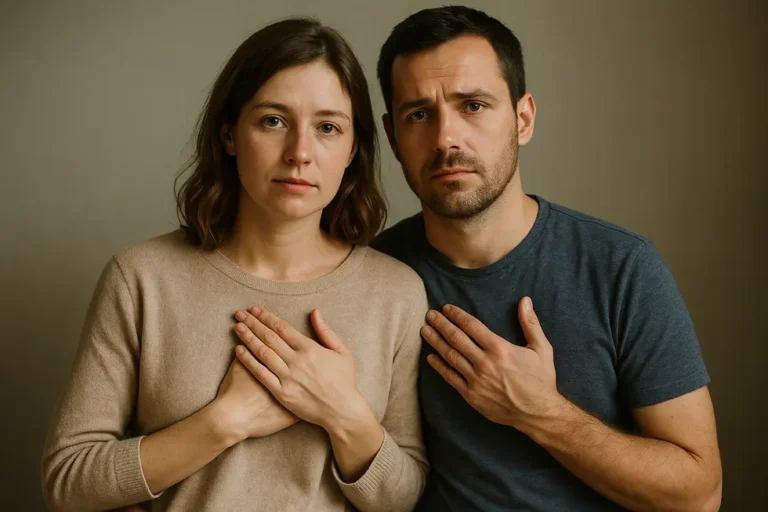 Para z rękami na sercu, symbolizująca dylematy związane z posiadaniem dzieci.
