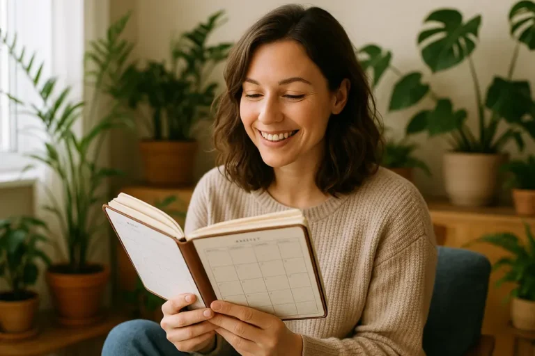 Uśmiechnięta kobieta zajęta planowaniem w przytulnym otoczeniu.