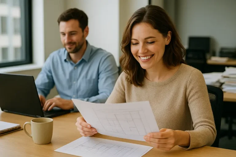 Zadowolona kobieta z pracy, uśmiechająca się do kolegi obok.