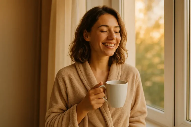 Kobieta z kubkiem kawy w ręku, gotowa do rozpoczęcia dnia w pozytywnej atmosferze.