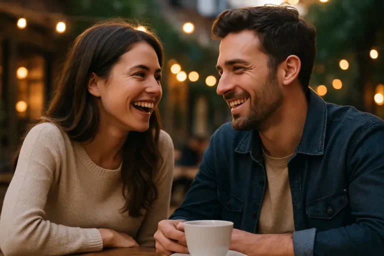 Zakochana para rozmawia w romantycznej scenerii, ich twarze wyrażają radość i bliskość.