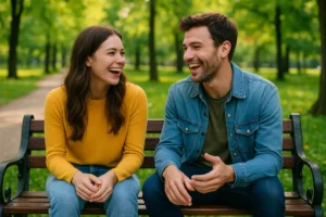 Uśmiechnięta para siedząca na ławce w parku, odzwierciedlająca przyjemną atmosferę udanej pierwszej randki.