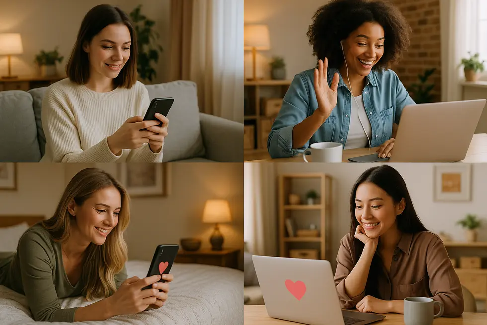 Grupa kobiet korzystających z urządzeń mobilnych w celu randkowania online, będąc zrelaksowanymi.