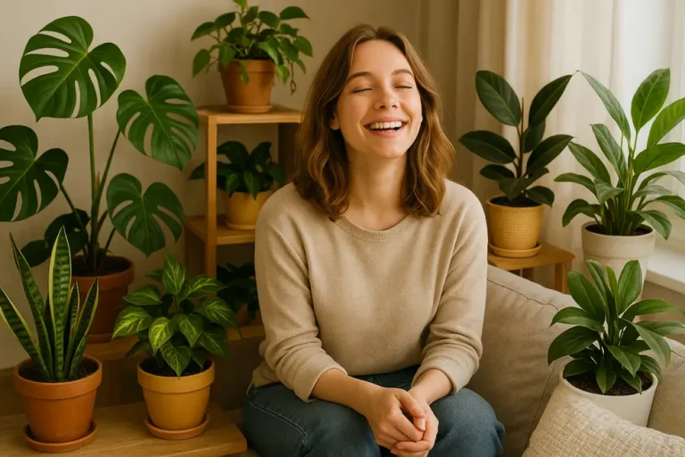 Zadowolona kobieta w swoim życiu z roślinami doniczkowymi.