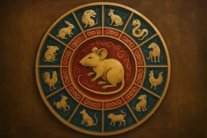 An artistic Zodiac wheel cover showcasing the traits of the Rat for individuals born in 1996.
