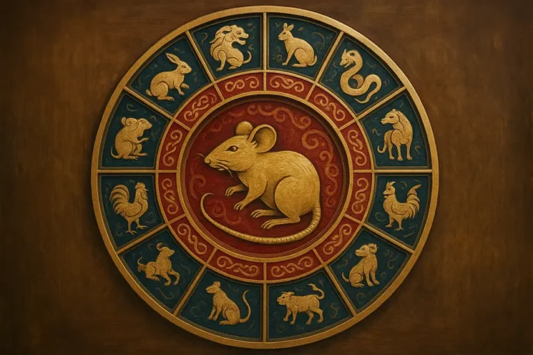 An artistic Zodiac wheel cover showcasing the traits of the Rat for individuals born in 1996.