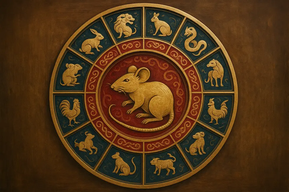 An artistic Zodiac wheel cover showcasing the traits of the Rat for individuals born in 1996.