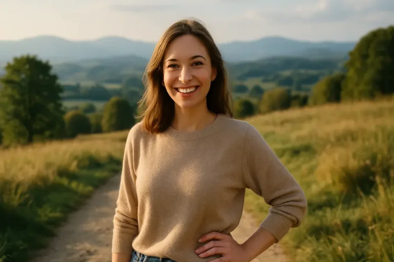 Osoba pozująca na tle malowniczego krajobrazu.