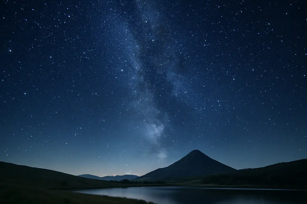 A starry night sky above a serene landscape, representing the harmony between Koziorożec and Ryby.