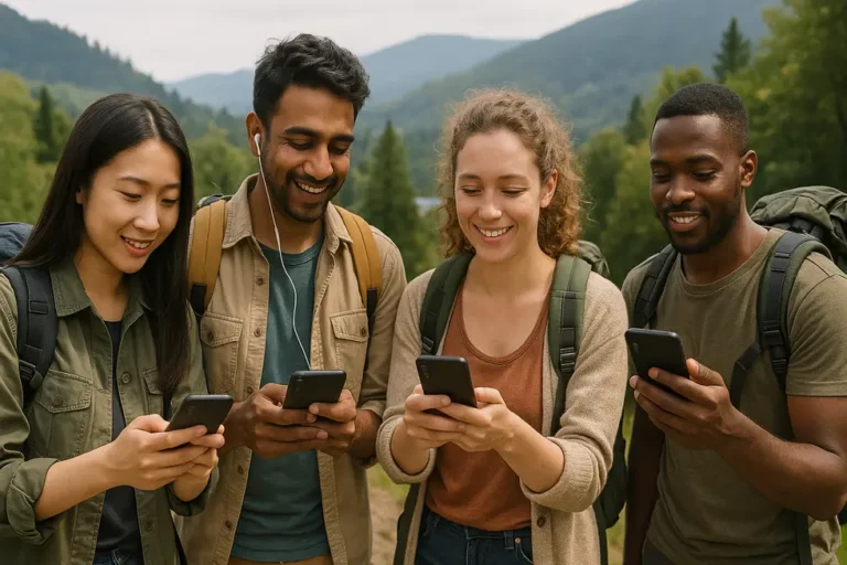 Grupa podróżników korzystających z aplikacji mobilnych na tle pięknego krajobrazu, pokazujących różnorodność doświadczeń.