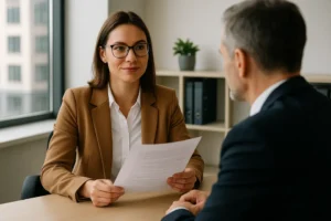 Osoba rozmawiająca o podwyżce w biurze.