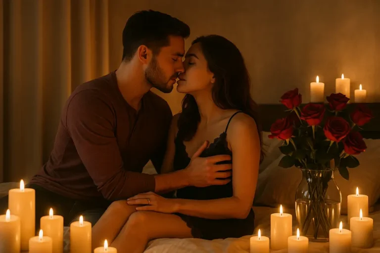 Para w romantycznej scenerii, pełnej świec i kwiatów, odzwierciedlająca intymność.