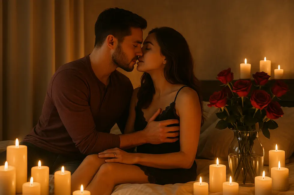 Para w romantycznej scenerii, pełnej świec i kwiatów, odzwierciedlająca intymność.