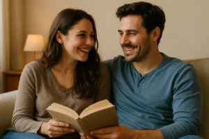 Szczęśliwa para z książką siedząca razem, symbolizująca intymną relację.