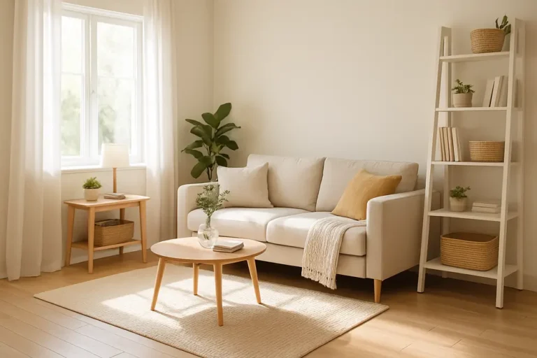 Jasna i świeża przestrzeń życiowa podkreślająca czystość i organizację.