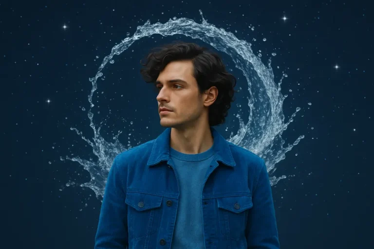Artystyczny portret Wodnika w niebieskiej stylizacji, przedstawiający jego kreatywność i wizjonerskie cechy.