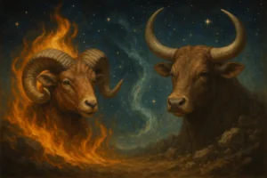 A mystical illustration blending the energies of Aries and Taurus, representing the journey of individuals born on April 20.