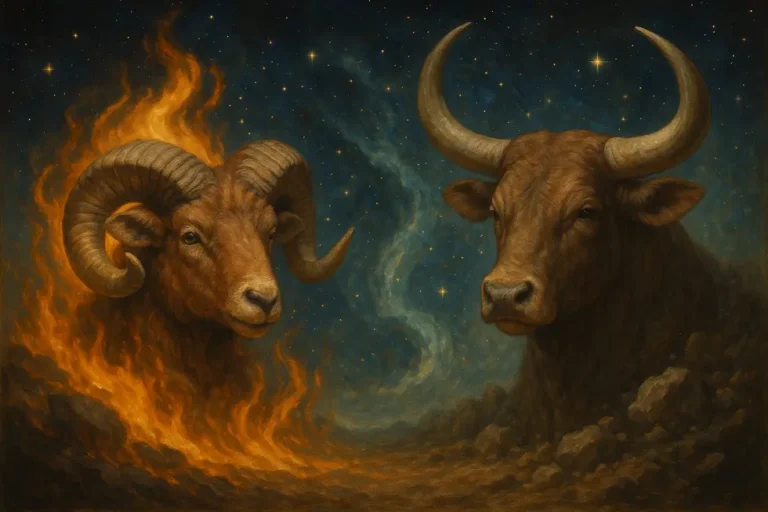 A mystical illustration blending the energies of Aries and Taurus, representing the journey of individuals born on April 20.