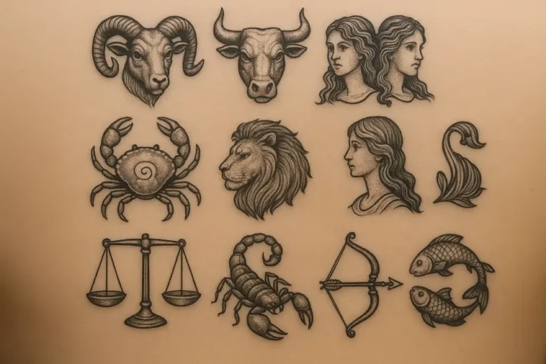 An aesthetically pleasing display of zodiac tattoos illustrating their artistic styles.