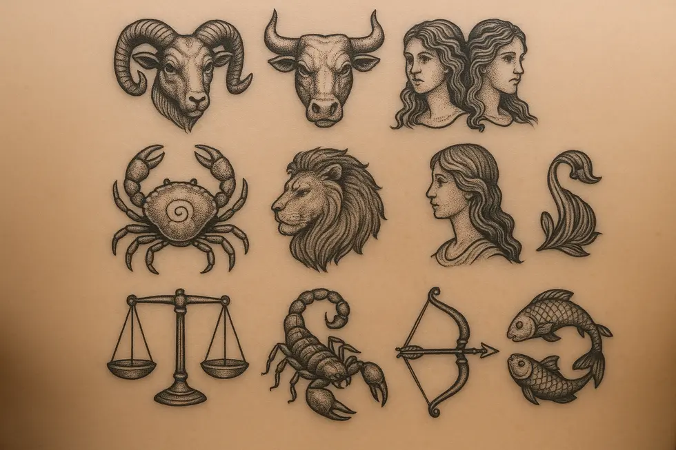 An aesthetically pleasing display of zodiac tattoos illustrating their artistic styles.