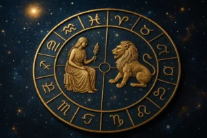 A colorful zodiac wheel showing the Leo and Virgo signs surrounded by stars.