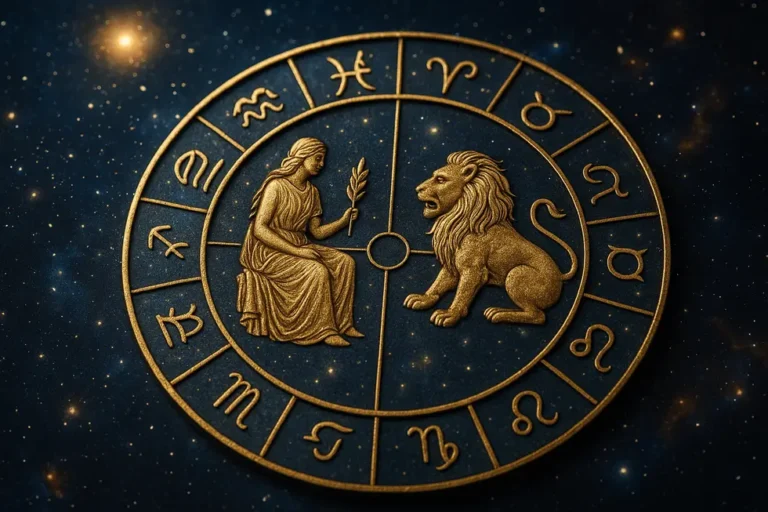 A colorful zodiac wheel showing the Leo and Virgo signs surrounded by stars.