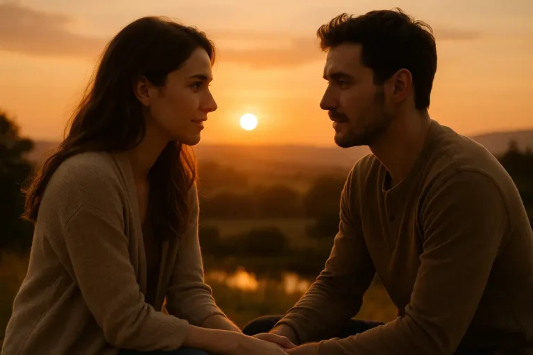 Para siedząca przy zachodzie słońca, prowadząca emocjonalną rozmowę w pięknym otoczeniu.